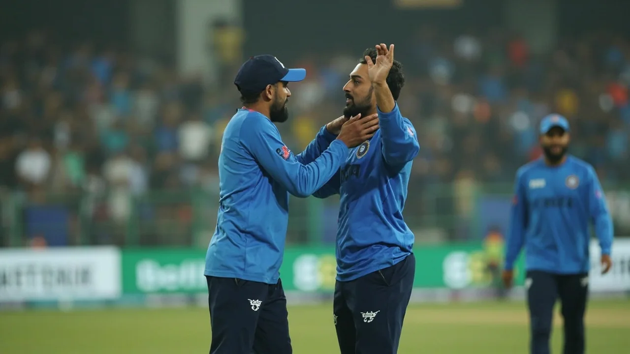 Cricket team in tactical discussion on the field, with the former sponsor's colour palette still visible in the kit
